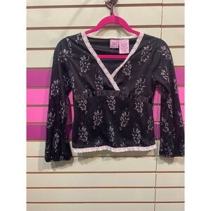 Stuff by Hilary Duff Girls Black Silver Floral Print Lace Trim y2k Top Sz 10 12